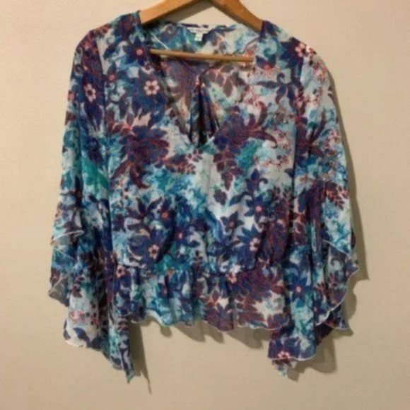 Guess blue floral print edgy and flowy crop top Size XS - Picture 2 of 12